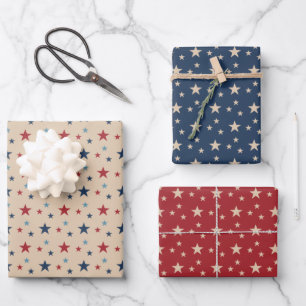 Oude sterrenprint rode blauwe beige 4 juli inpakpapier vel