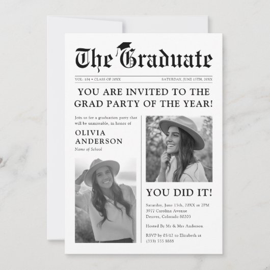 Oude stijl krant foto afstuderen partij kaart (Voorkant)