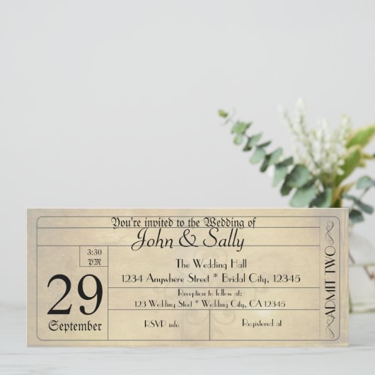 Oude Stijl Ticket Trouwuitnodiging Kaart (Staand voorkant)