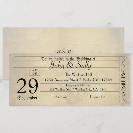 Oude Stijl Ticket Trouwuitnodiging Kaart (Voorkant / Achterkant)