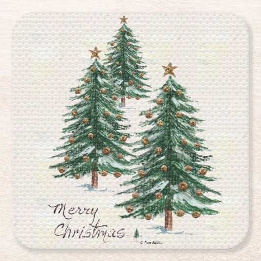 Oude stijl Waterverf kerstboom in sneeuw Kartonnen Onderzetters (Voorkant)