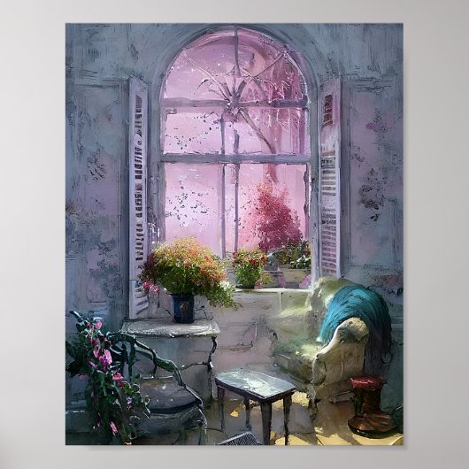 Oude stoel onder het raam poster (Voorkant)