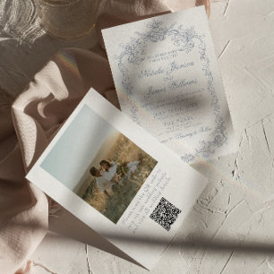 Oude Stofblauwe Oude Geld Foto QR Code Huwelijk Kaart