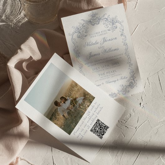 Oude Stofblauwe Oude Geld Foto QR Code Huwelijk Kaart