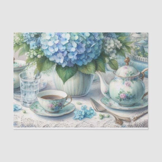 Oude stoffige blauwe bloemige theepartij tissuepap tissuepapier (Voorkant)