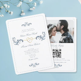 Oude stoffige blauwe fototrouwkaart met QR Kaart