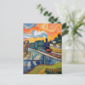Oude stoommachine die brug schildert briefkaart (Staand voorkant)