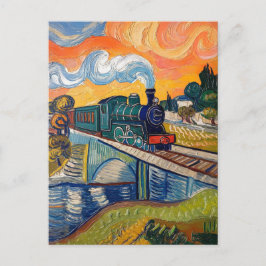 Oude stoommachine die brug schildert briefkaart