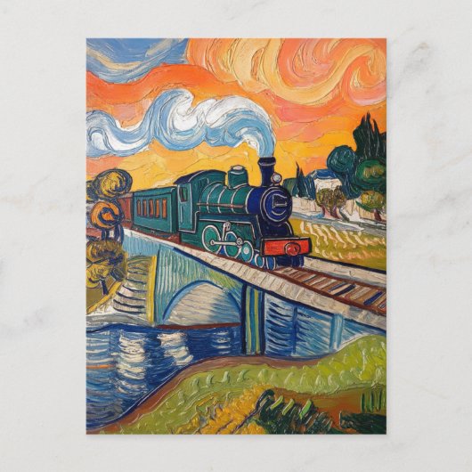 Oude stoommachine die brug schildert briefkaart (Voorkant)