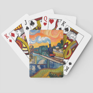 Oude stoommachine die brug schildert pokerkaarten