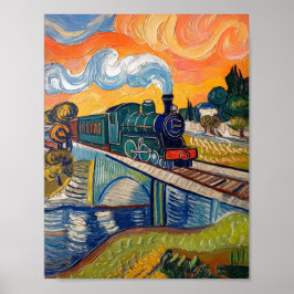 Oude stoommachine die brug schildert poster