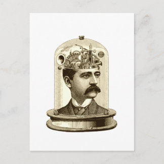 Oude stoomstijl klokwerk brein, snor man briefkaart