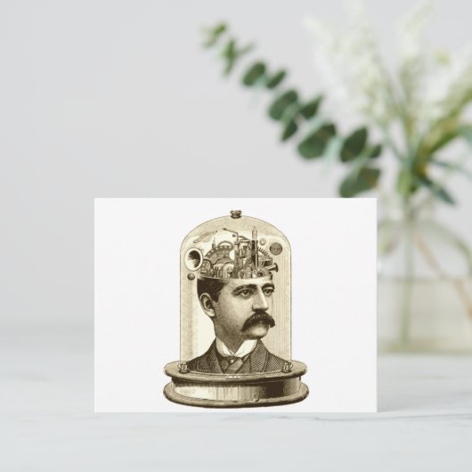 Oude stoomstijl klokwerk brein, snor man briefkaart (Staand voorkant)