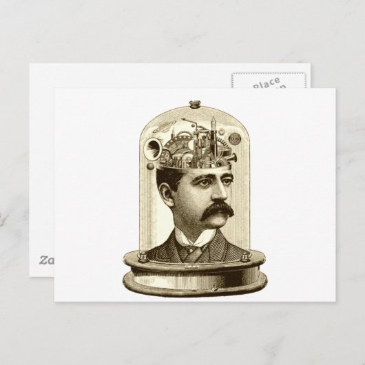Oude stoomstijl klokwerk brein, snor man briefkaart (Voorkant / Achterkant)