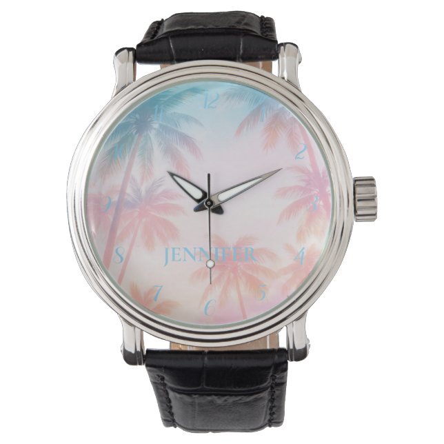 Oude strand zonsondergang palmbomen pastel horloge (Voorkant)