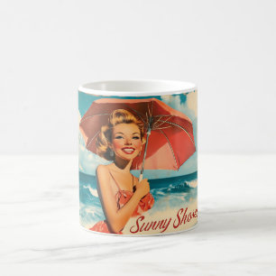 Oude strandvakantieposter: blonde pin-up koffiemok
