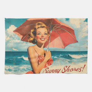 Oude strandvakantieposter: blondine pin-up theedoek