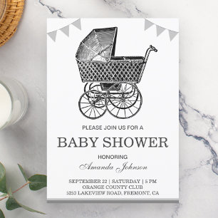 Oude  Stroller Black en White Baby shower Kaart