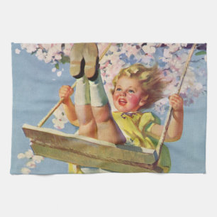 Oude swing, meisje dat in een boom slingert kinder theedoek