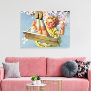 Oude swing, meisje zwaait in een boom Kinderspel Canvas Afdruk
