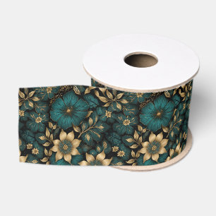 Oude tapijtstijl donker turquoise en gouden bloemm grosgrain lint