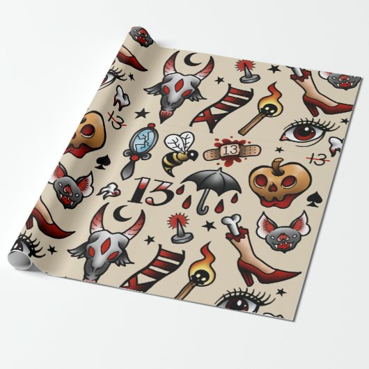 Oude Tattoo Flash Wrapping Paper Cadeaupapier (Uitgerold)