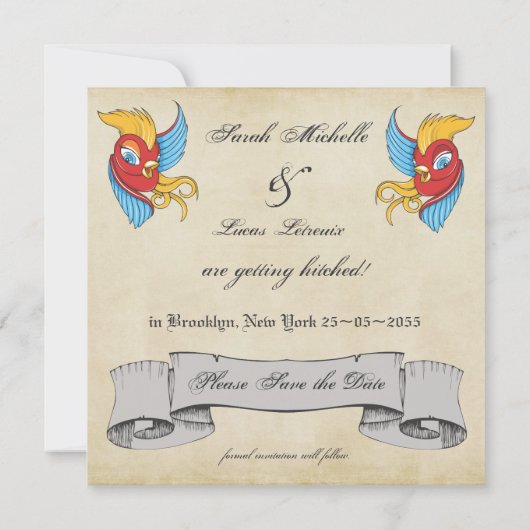 Oude Tattoo Vogels Zeiler Trouwafspraak Red de Dat Save The Date (Achterkant)