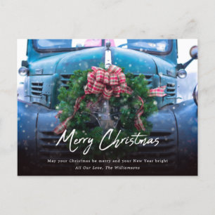 Oude Teal Truck Met Kranz Prettig Kerstfeest Ho Feestdagenkaart