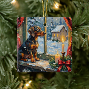 Oude Teckel bij een knus Kerstmisraam Keramisch Ornament