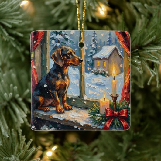 Oude Teckel bij een knus Kerstmisraam Keramisch Ornament (Boom)