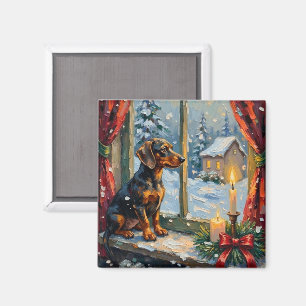 Oude Teckel bij een knus Kerstmisraam Magneet