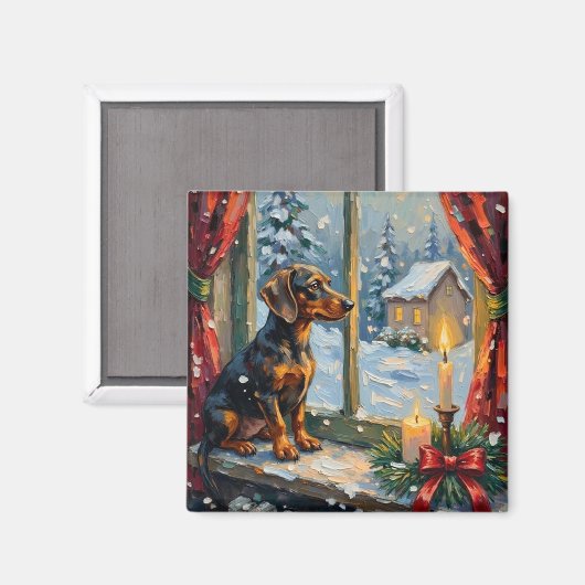 Oude Teckel bij een knus Kerstmisraam Magneet (Voorkant / Achterkant)