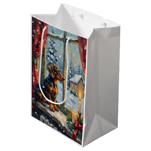 Oude Teckel bij een knus Kerstmisraam Medium Cadeauzakje (Voorkant Gekanteld)