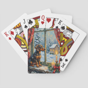 Oude Teckel bij een knus Kerstmisraam Pokerkaarten