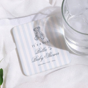 Oude Teddbeer Blauwe Jongen Baby Shower Kartonnen Onderzetters