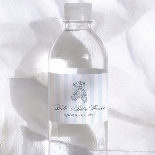 Oude Teddbeer Blauwe Strepen Jongens Baby Shower Waterfles Etiket