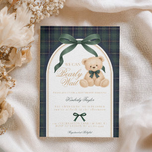 Oude Teddbeer Groene Schotse Ruit Polo Baby Shower Kaart