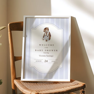 Oude teddybeer blauwe krijtstreep welkomstbord poster