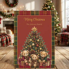 Oude Teddyberen Kerstboom Tartan Schotland Feestdagenkaart