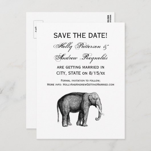 Oude tekening van een olifant aankondigingskaart (Voorkant / Achterkant)