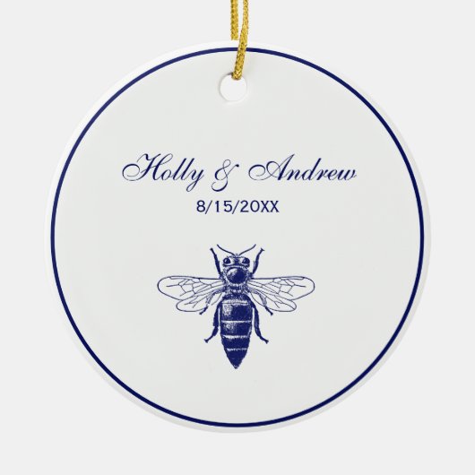 Oude tekening van Koningin bij in blauw Keramisch Ornament (Voorkant)