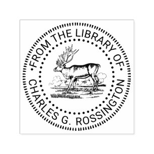 Oude tekening van rendier in bibliotheek boek naam  zelfinktende stempel