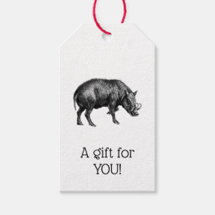 Oude tekening van wild zwijn BW#1 Kerstmis Xmas Cadeaulabel