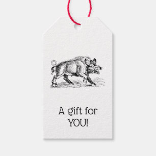 Oude tekening van wild zwijn zwart-wit #2 Kerstmis Cadeaulabel