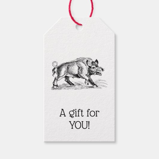 Oude tekening van wild zwijn zwart-wit #2 Kerstmis Cadeaulabel (Voorkant)