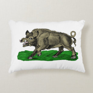 Oude tekening van wild zwijn zwart-wit #3C Accent Kussen