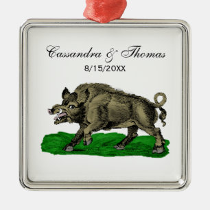 Oude tekening van wild zwijn zwart-wit #3C Metalen Ornament