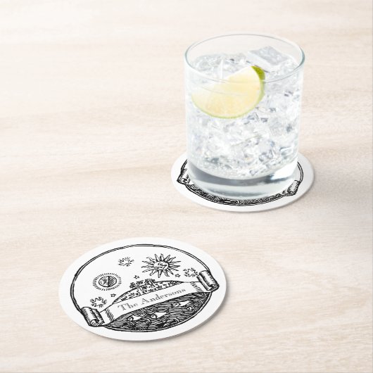 Oude tekening van zon maan sterren oceaan planeet  ronde kartonnen onderzetter (Insitu)