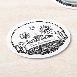 Oude tekening van zon maan sterren oceaan planeet  ronde kartonnen onderzetter