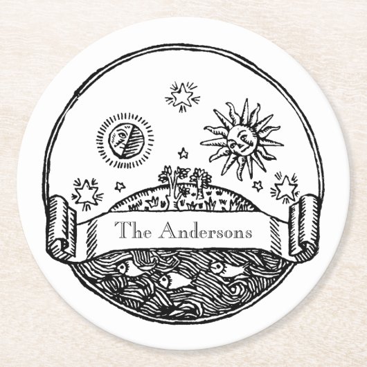 Oude tekening van zon maan sterren oceaan planeet  ronde kartonnen onderzetter (Voorkant)